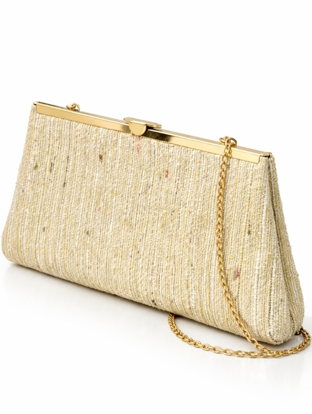 Vintage Gold Woven Fabric Clutch Crossbody Bag Cream Metallic Chain Strap